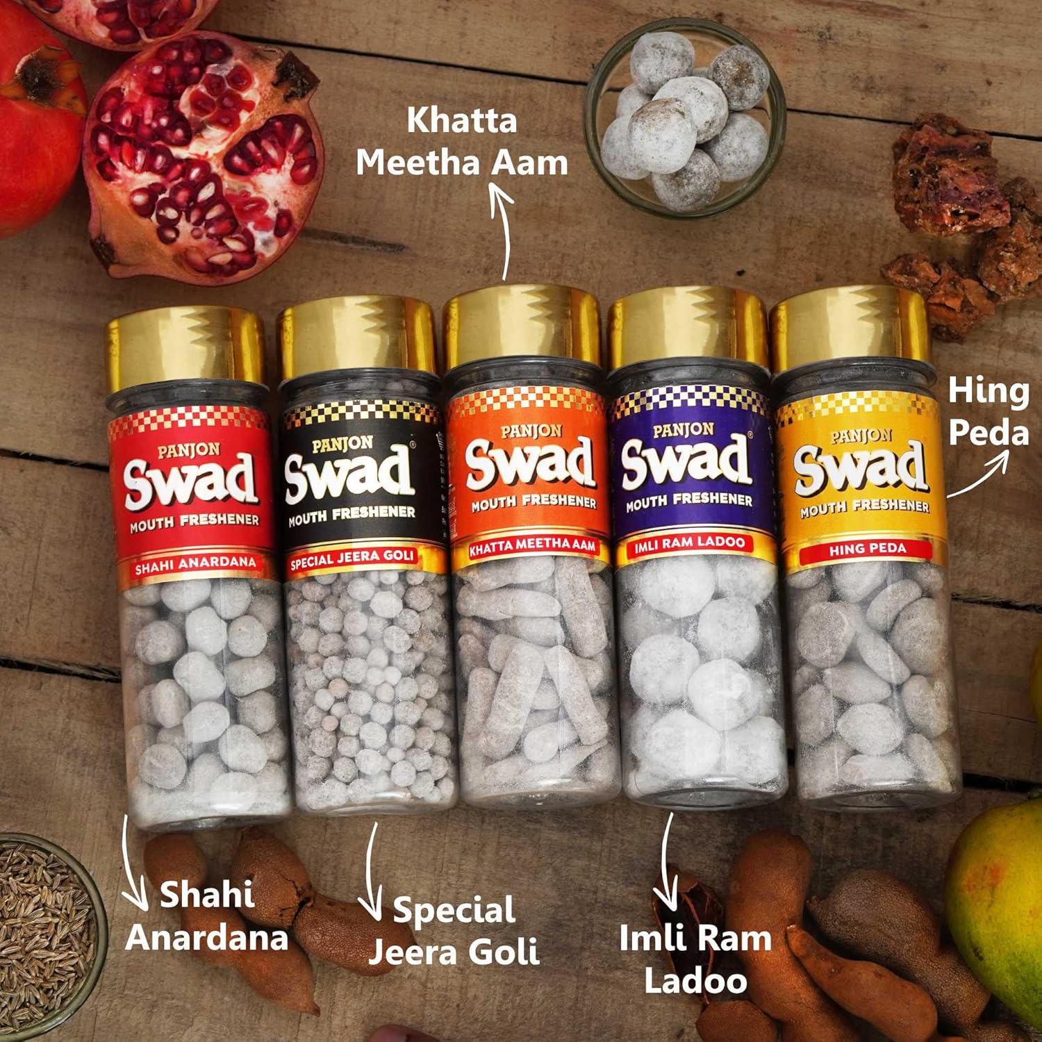 Panjon Swad Digestive Mouth Freshener | Anardana, Jeera Goli, Khatta Meetha Aam Papad, Ram Laddoo & Hing Peda 500gm, (100gm *5)