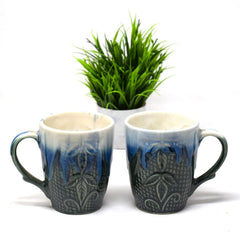 Handcrafted Charcoal Ice Burst Carved Ceramic Coffee Mug Set Of 2 - 350ml Each | Ceramic Mugs For Coffee, Tea, Milk - Microwave Safe & Dishwasher Safe