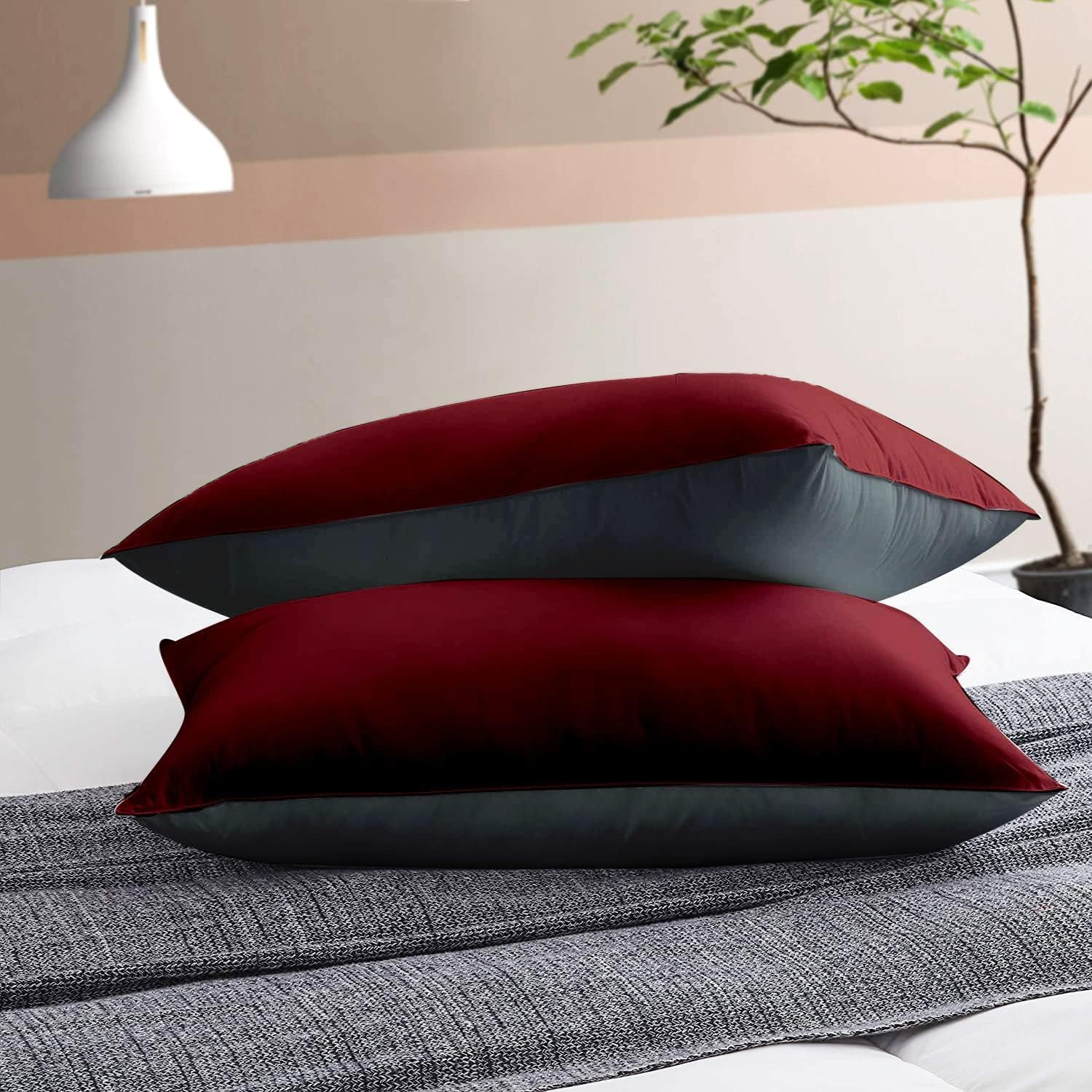 Premium Microfiber Soft Pillow For Sleeping, Maroon & Grey, King Size - 17 X 27 Inches | Comfy Hotel Comfort Pillow, Vacuum Packed | Bed Pillow, Hypoallergenic, Lightweight - Set Of 2