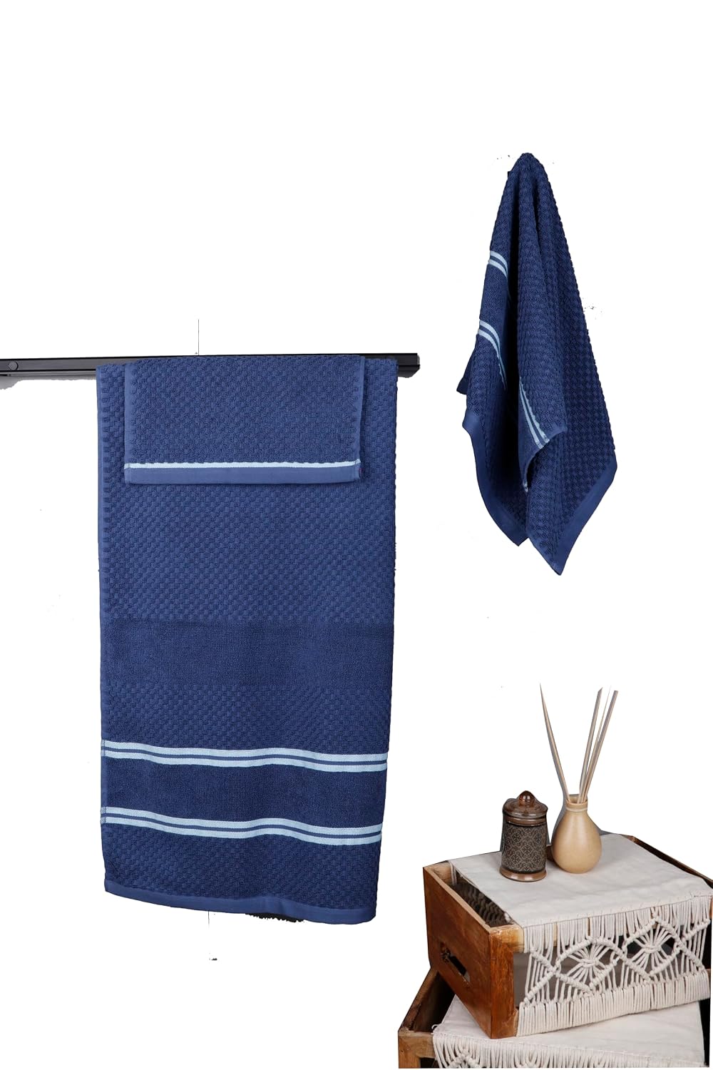 Vivan Homes 100% Cotton Bath, Hand & Face Towel 900 Gsm | Soft & Absorbent Ultra Soft & Quick Dry Bath Towels For Men Women Towel Set - Blue (Set Of 3)
