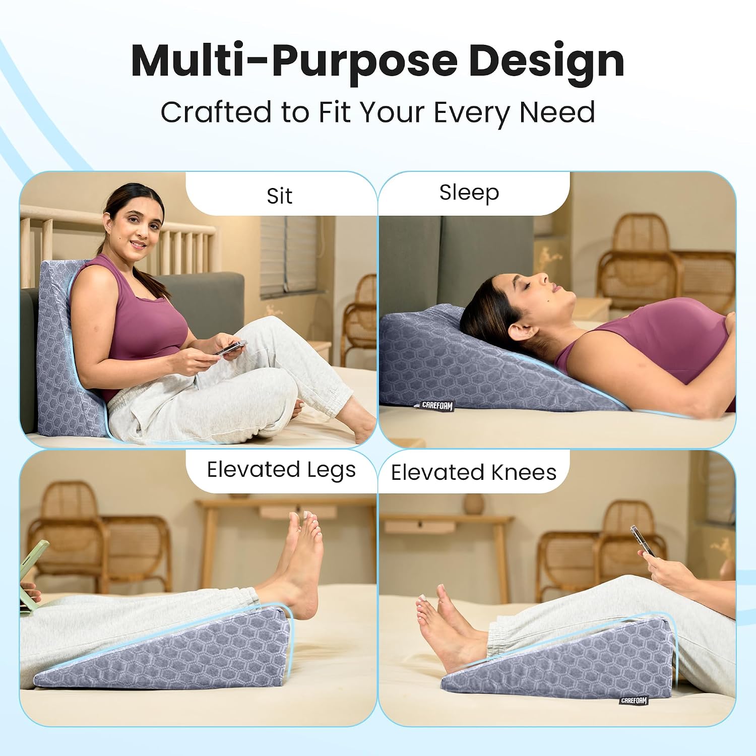 Wedge Pillow Memory Foam For Back Support, Grey Jacquard, Wedge Medium Size - 20 X 20 X 7 Inch | Wedge Cushion Pillow, Acid Reflux, Snoring, Gerd, Leg Elevation, Pregnancy, Washable Cover