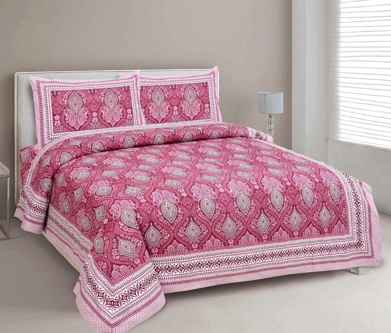 Jaipuri Cotton Bedsheet For King Size With 2 Pillow Covers | 90 X 108 Inches, Wine | Ultra-Soft & Skin-Safe | Breathable Summer Comfort