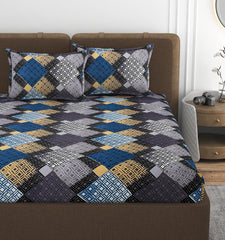 1 Double Bedsheet With 2 Pillow Covers Size 60 X 78 X 8 Inches, Grey & Blue | Cotton Feel All Around Elastic Fitted - Queen Size Bedsheets, Super Soft