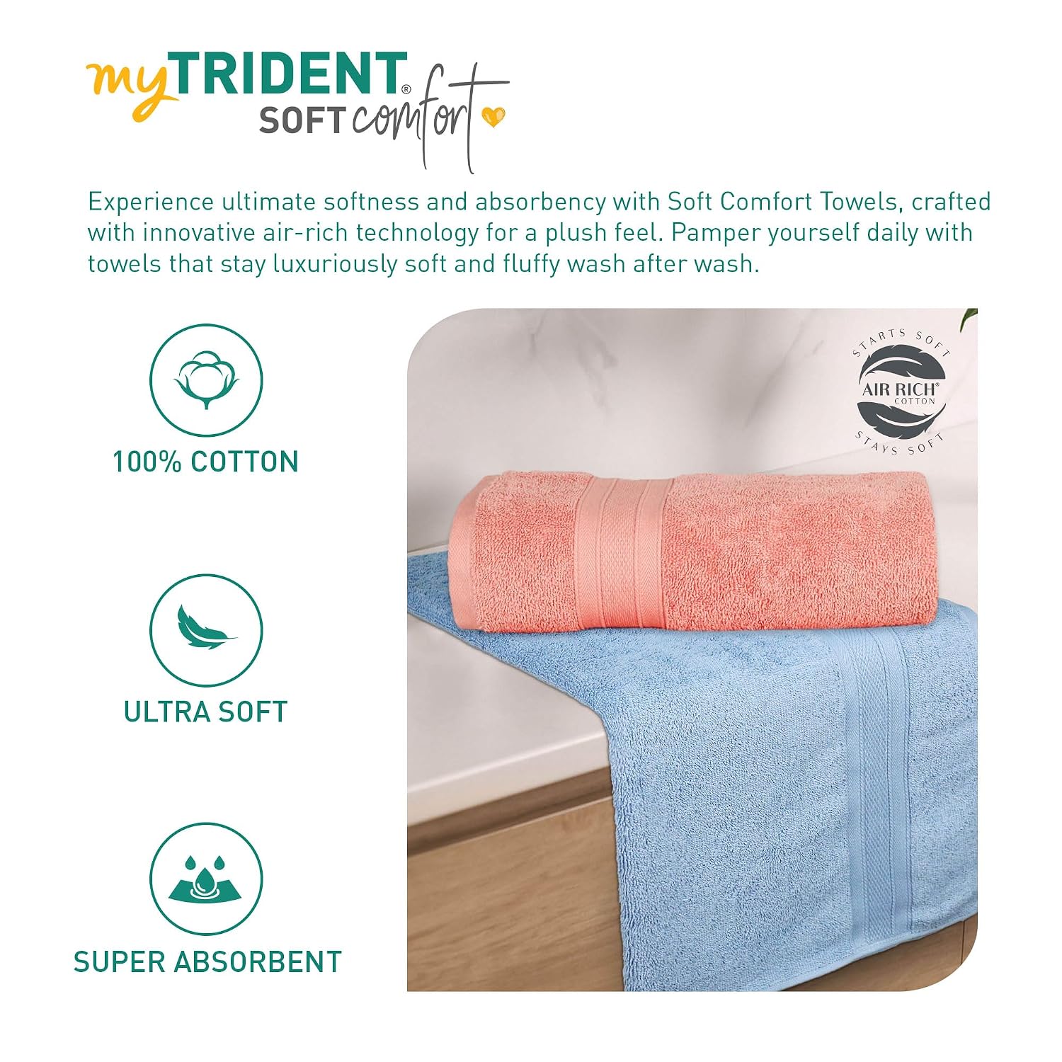 Mytrident Soft Comfort Air Rich 100% Cotton Bath Towel 1000 Gsm | Highly Absorbent Towels For Men & Women Bath Towel (Allure & Coral Haze) - 2 Pcs