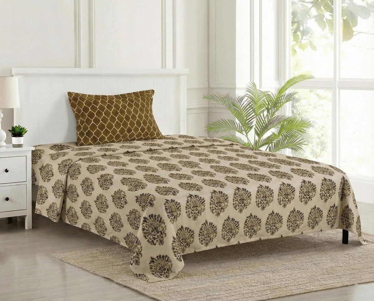 Cotton Printed Single Flat Bedsheet With 1 Pillow Cover - 60 X 100 Inches, Forest Green & Beige | Breathable & Skin Friendly Bedsheet | Ideal For Year Round Use