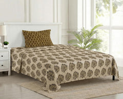 Cotton Printed Single Flat Bedsheet With 1 Pillow Cover - 60 X 100 Inches, Forest Green & Beige | Breathable & Skin Friendly Bedsheet | Ideal For Year Round Use