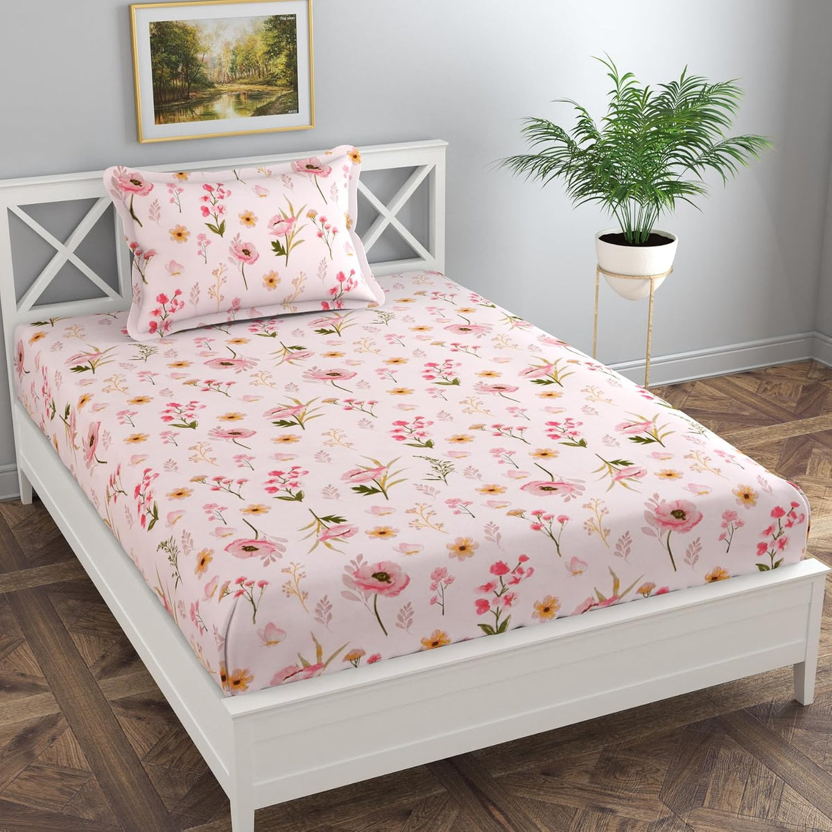 Comfortable Floral Single Bedsheet With 1 Pillow Covers - 61 X 89 Inches, Pink | Lightweight, Washable & Fade-Resistant Bedsheet Designed For Daily Use