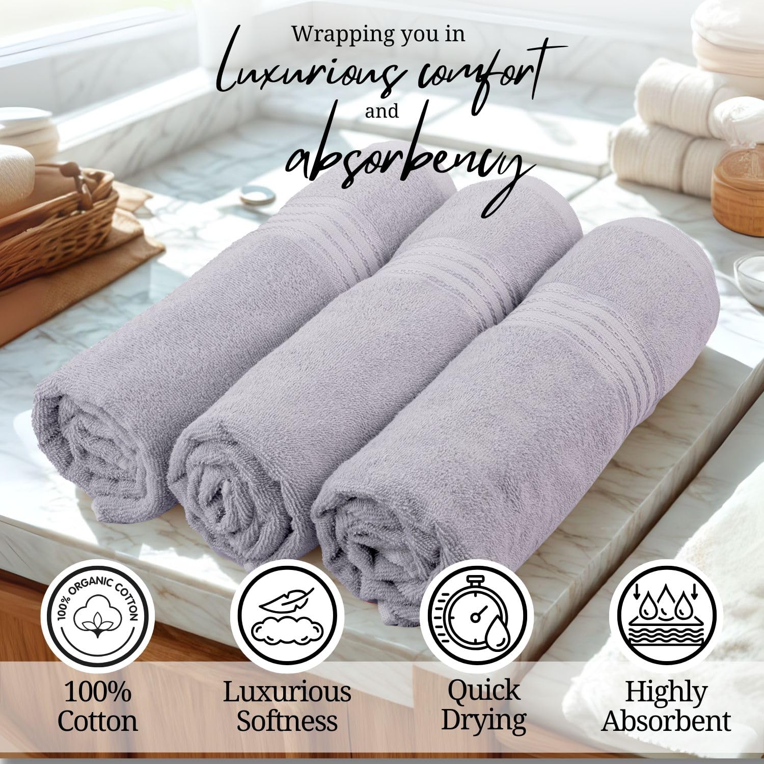 Himeya 100% Cotton Bath Towels 1500 Gsm | Soft & Absorbent Large Size Bath Towel - Grey (Pack Of 3)
