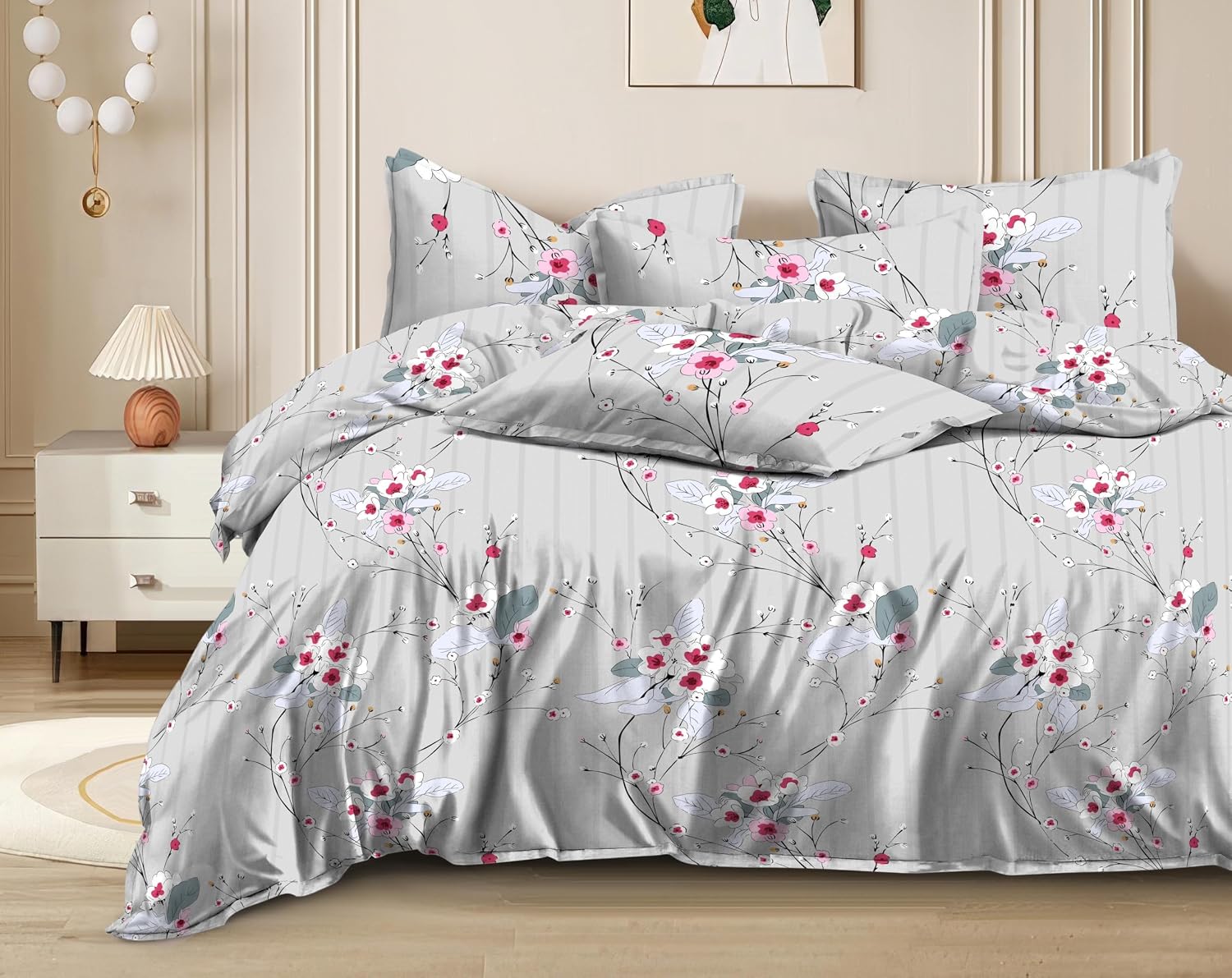 Printed King Size Double Bed Bedsheet With 2 Pillow Cover | 72 X 78 Inches, Grey | All Around Elastic Fitted Bedsheet | Softness & Comfortable Rest In Any Season