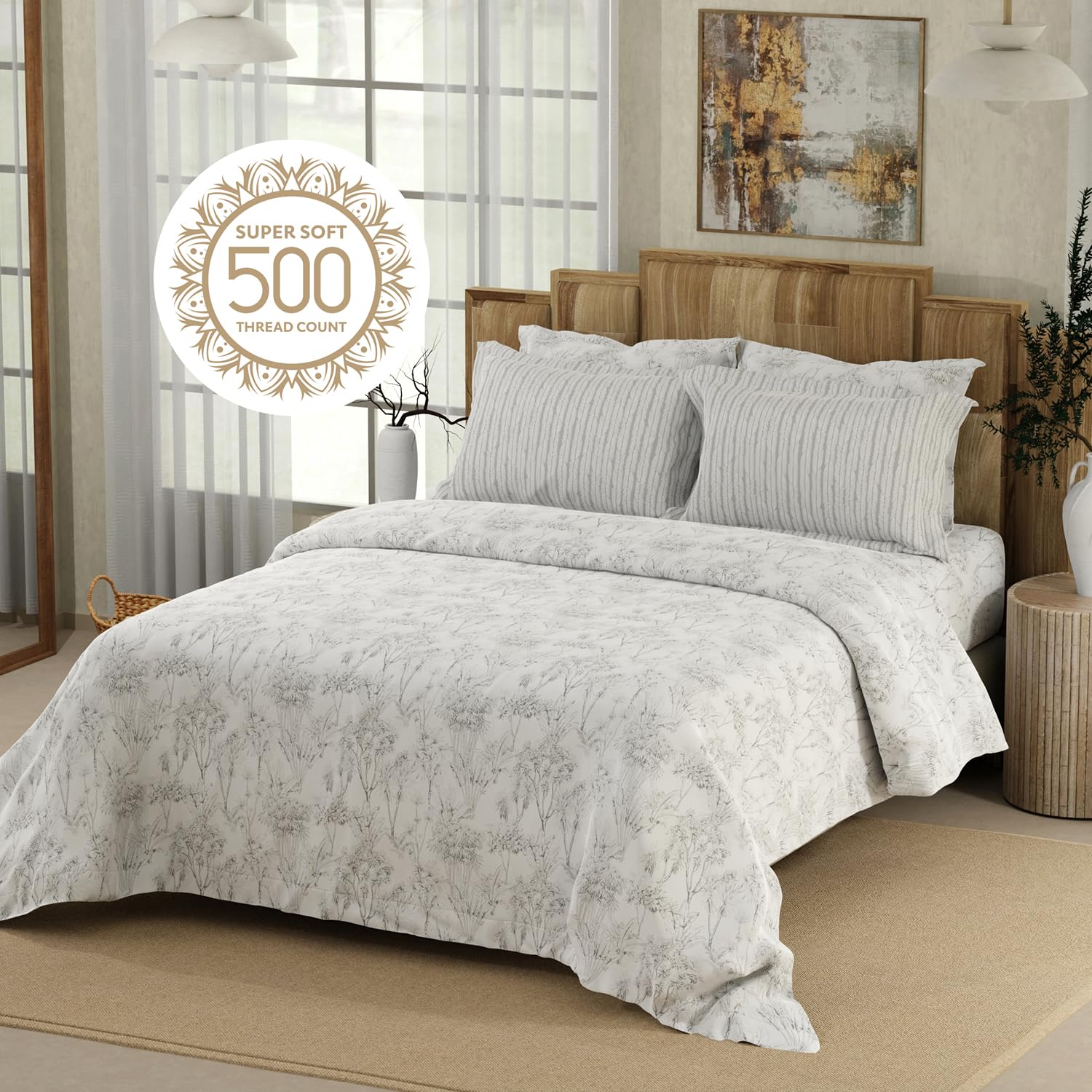 Cotton Bedsheet For Double Bed King Size With 4 Pillow Cover | 108x108 Inches, White & Grey - Light Weight, All Season Comfort