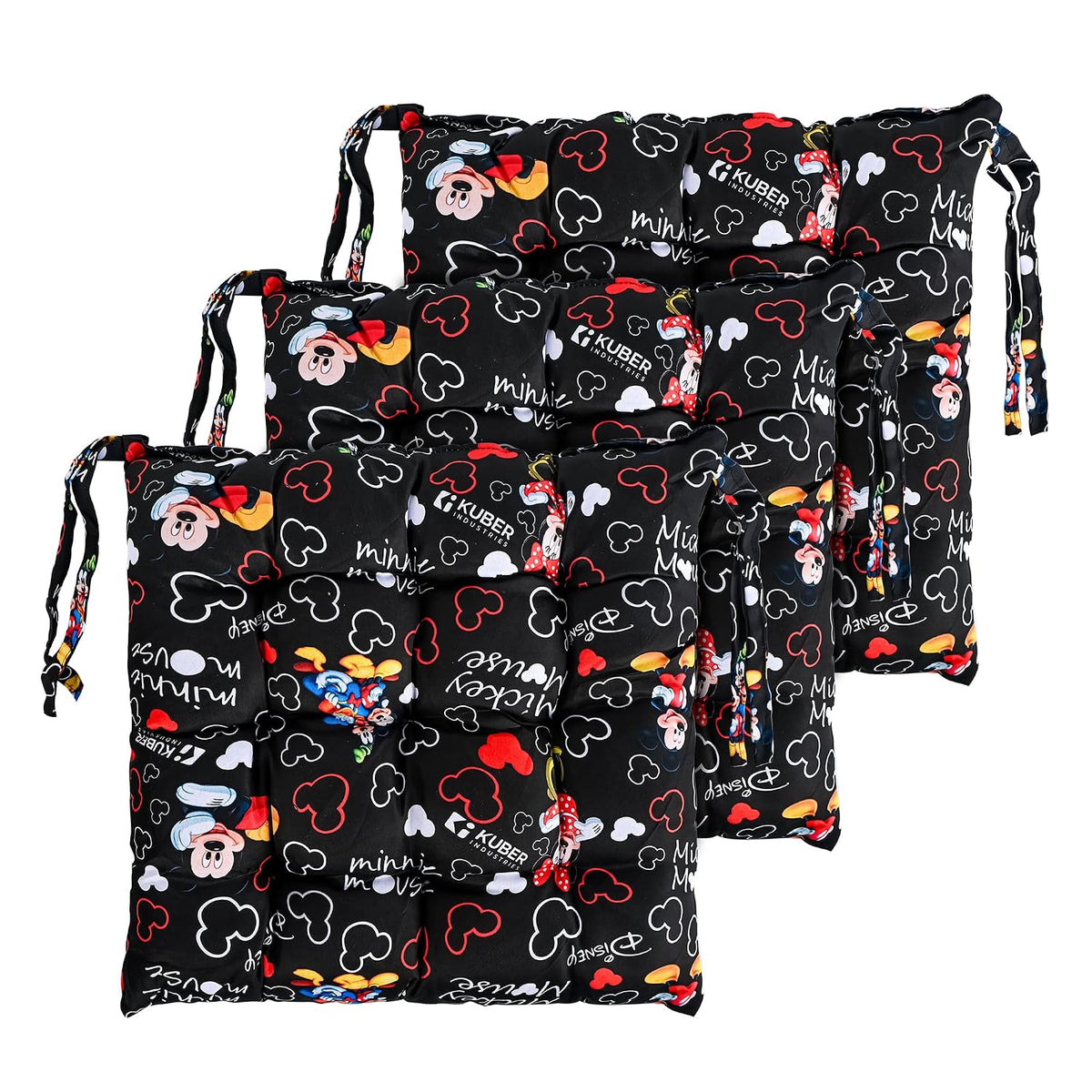 Soft & Comfort Chair Cushion Pad With Ties, Sitting Pillow, Disney Print - Black | Square Shape Pillow, Gaddi For Office, Study Chair, Sofa, Pooja Room | Pain Relief Seat Cushion - 3 Pcs