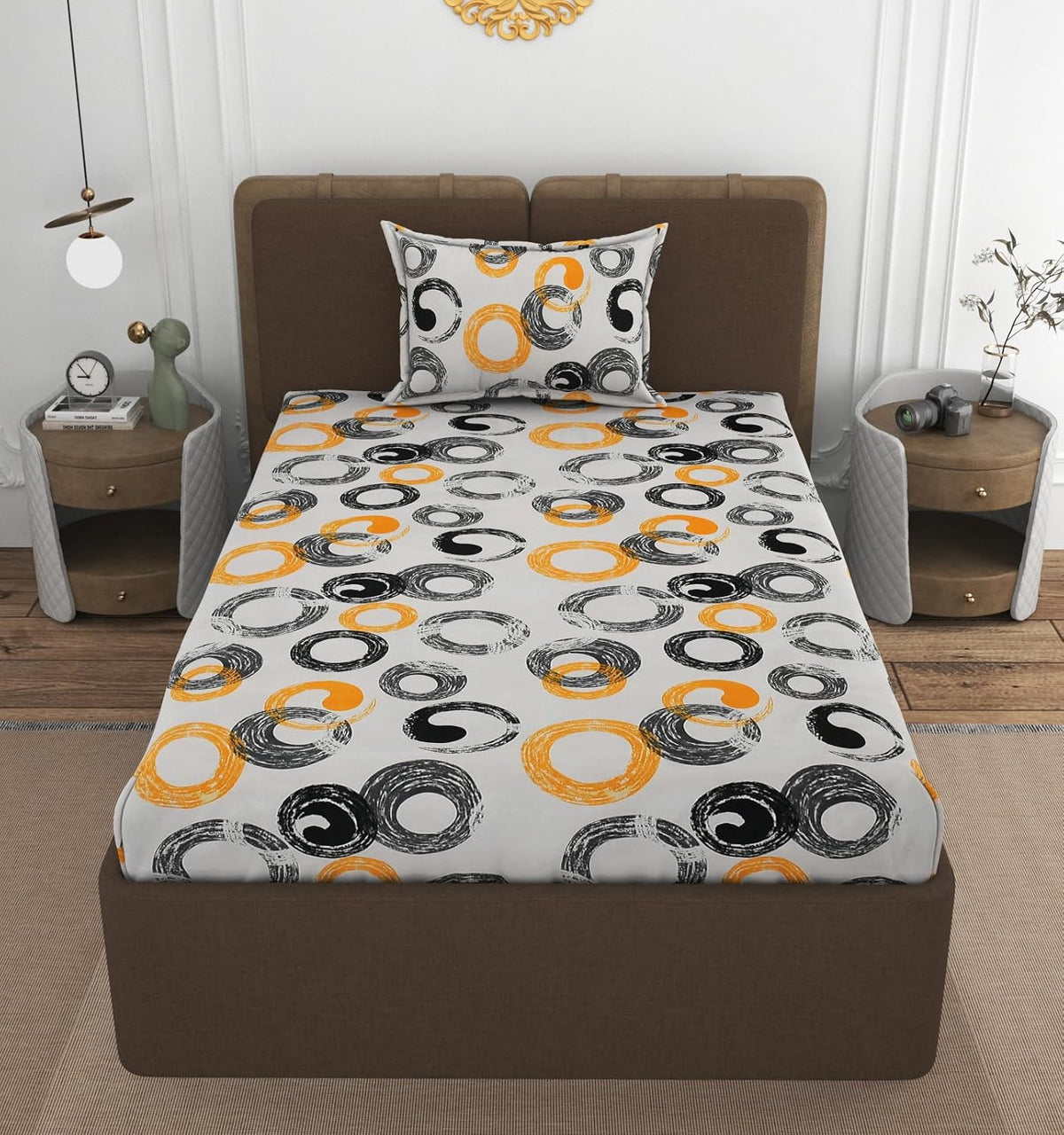 1 Single Bedsheet With 1 Pillow Cover - All Around Elastic Fitted | 100% Premium Fabric Is Lightweight, Soft & Comfortable | Size 36 X 72 X 8 Inches, Grey & Black
