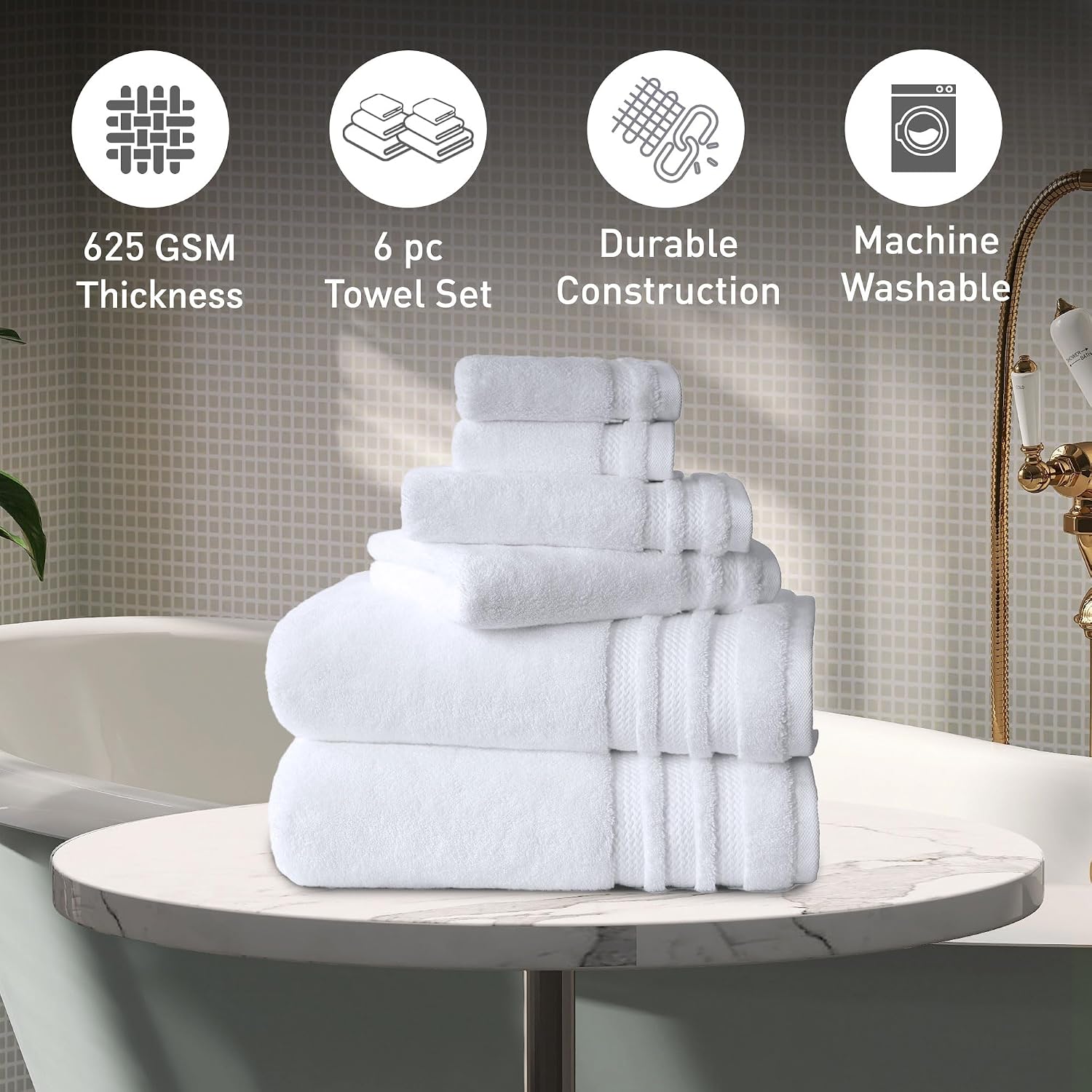 Mytrident Finesse 100% Cotton 2 Bath + 2 Hand & 2 Face Towels 1800 Gsm (White) -6 Piece