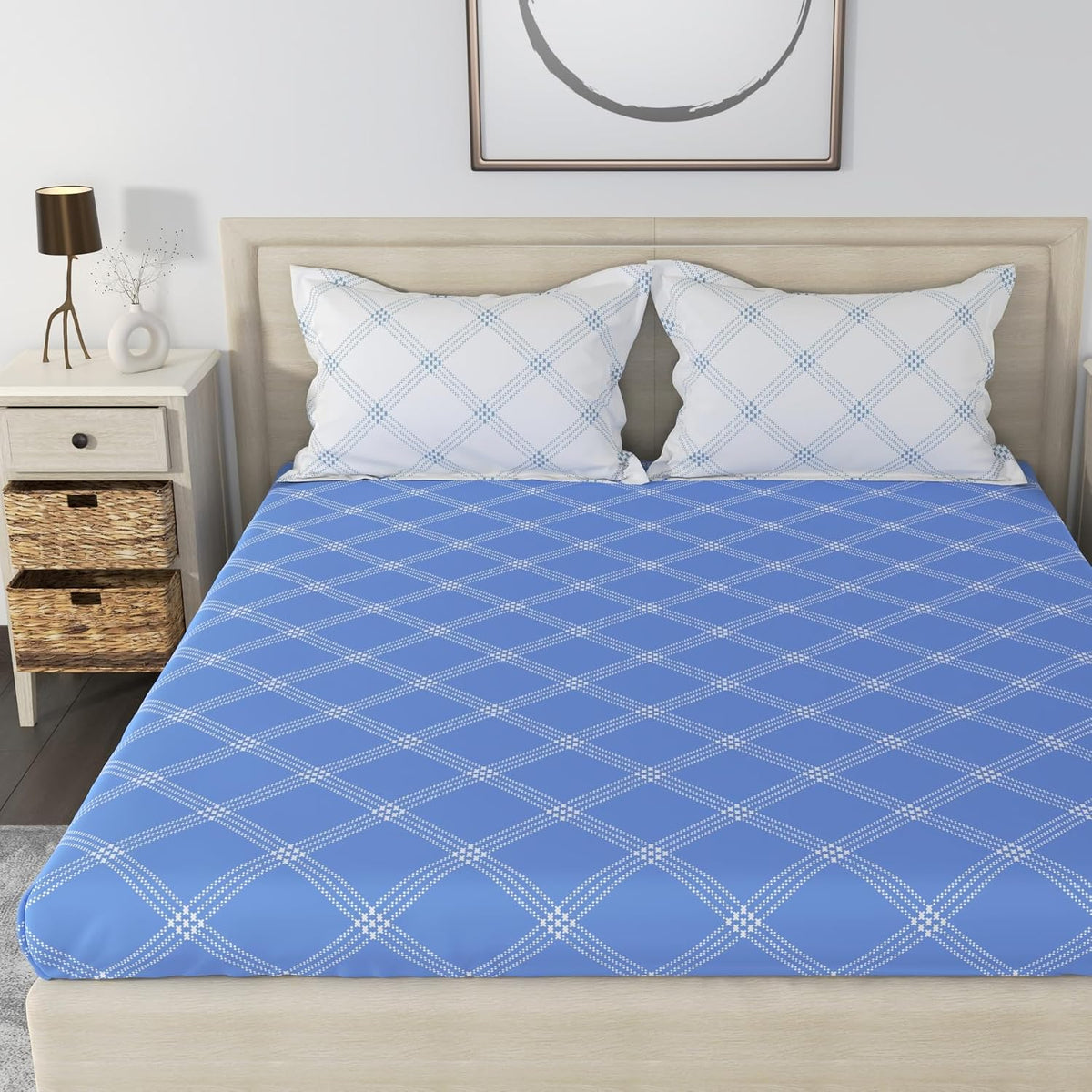 Cotton 210 TC Premium Queen Size For Bedsheet With 2 Pillow Covers - 88 X 100 Inches, Blue & White | All Weather Comfort & Bedroom - Softness & Natural Breathability