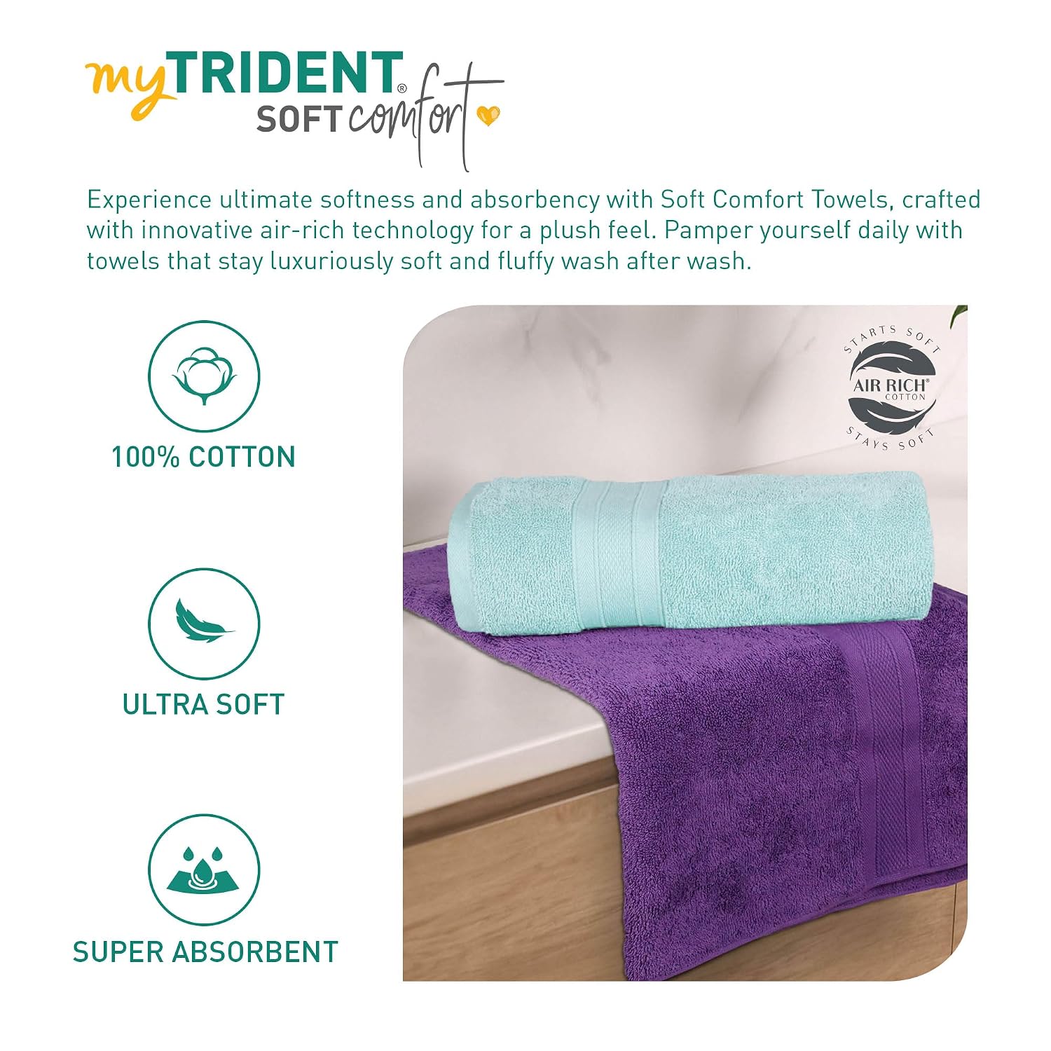 Mytrident Soft Comfort Air Rich 100% Cotton Bath Towel 1000 Gsm | Highly Absorbent Towels For Men & Women Bath Towel (Nile Blue & Plum) - 2 Pcs