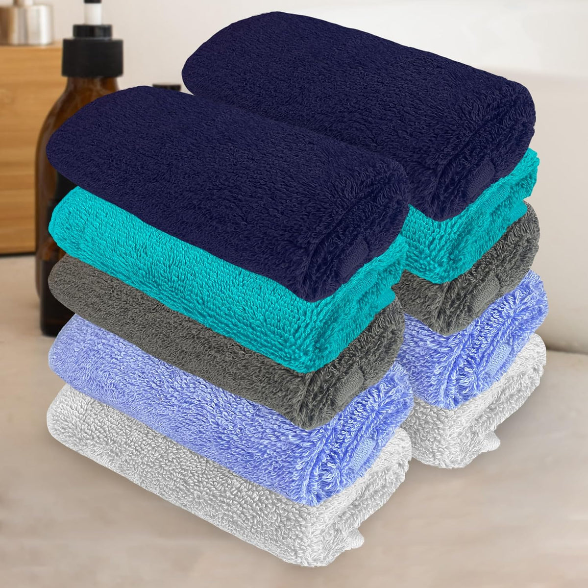 Heelium Bamboo Face Towel 1200 Gsm | Ultra Absorbent & Odour-Free 3x Softer Than Cotton Towels | Pack Of 10 -Blue, Teal, Grey, Iris & Light Grey