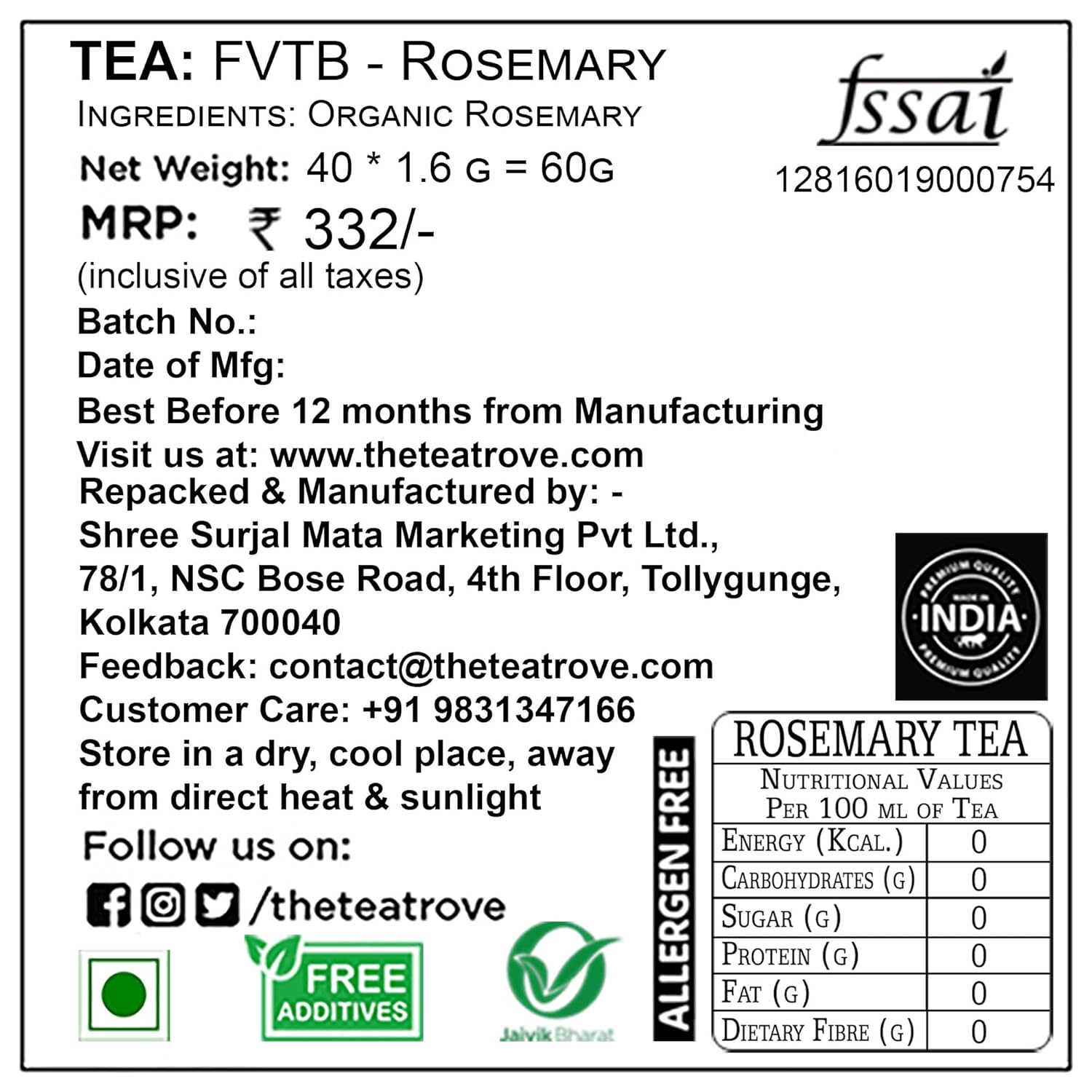 The Tea Trove Organic Rosemary Herbal Tea Bags In Resealable Pouch - 40 Unwrapped Tea Bags | Caffeine Free Tea Bags For Hair Growth, Respiratory Issues & Regulating Stress