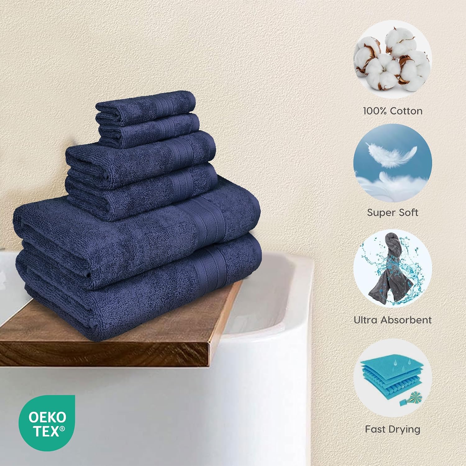 Trident Soft Comfort Air Rich Bath Towels 500 Gsm | 100% Cotton Towel, Super Soft, Highly Absorbent, 6 Pieces (Navy)