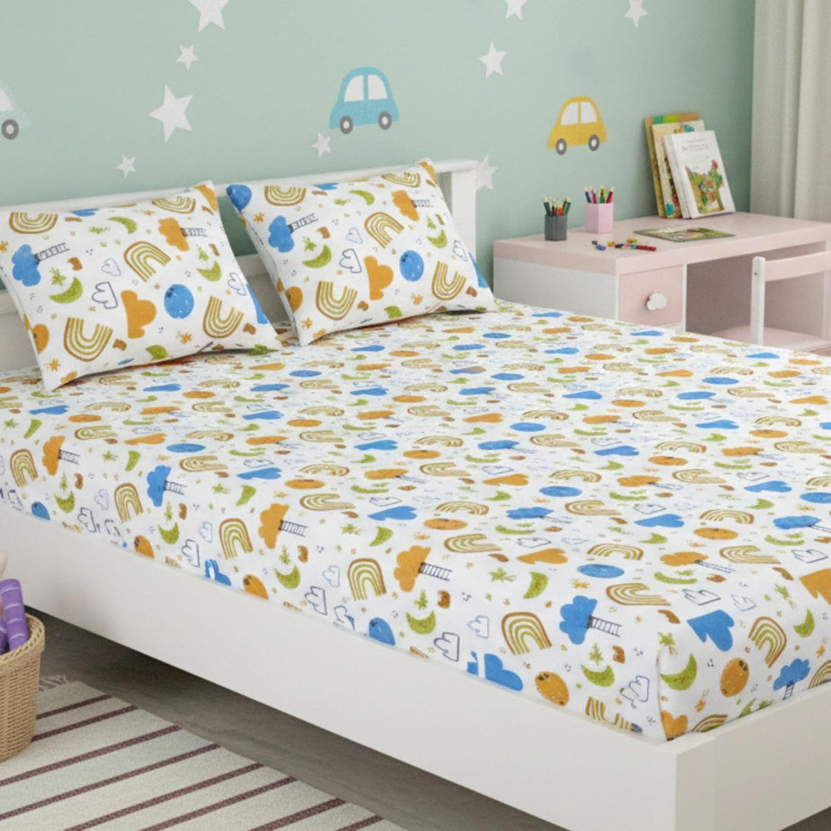 Pure Cotton Kids Bedsheet Double Bed Queen Size With 2 Pillow Covers | 90 X 100 Inches, Multicolor | Fun Cartoon Theme, Soft & Breathable Fabric