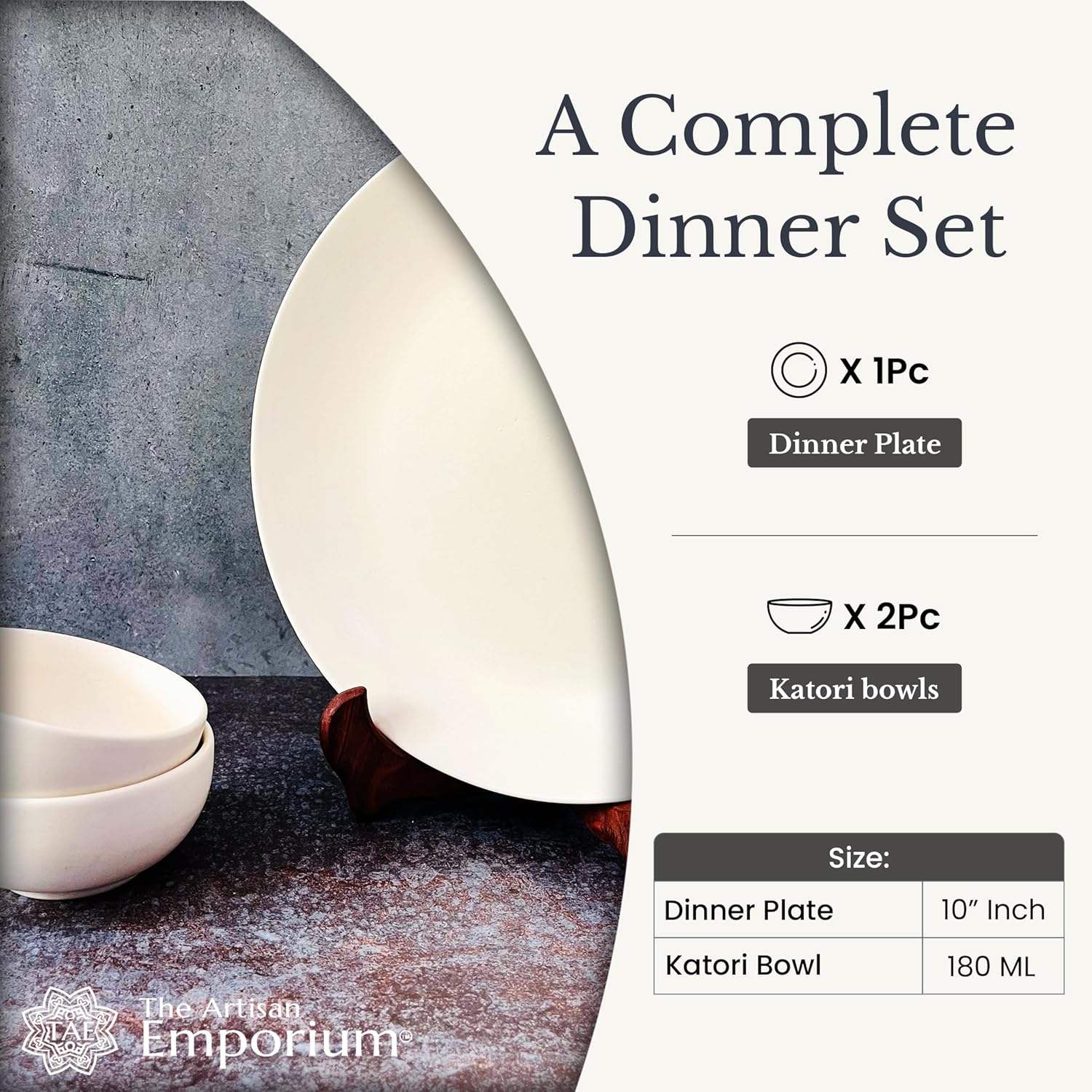 Subhra Handcrafted Ceramic Dinner Set - 3 Pieces | 1 Dinner Plate + 2 Katori Bowls, 180ml Each | Matte Finish White Dinnerware Set | Serving For 1, Microwave Safe