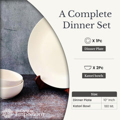 Subhra Handcrafted Ceramic Dinner Set - 3 Pieces | 1 Dinner Plate + 2 Katori Bowls, 180ml Each | Matte Finish White Dinnerware Set | Serving For 1, Microwave Safe