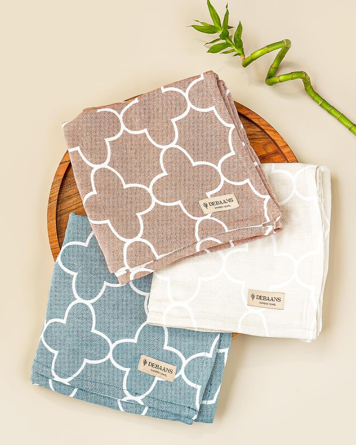100% Bamboo Jacquard Bath Towels 900 Gsm | Ultra Soft, Quick Dry, Antibacterial Quatrefoil Or Botanica Design (Rust, Sand & Ocean) - Set Of 3