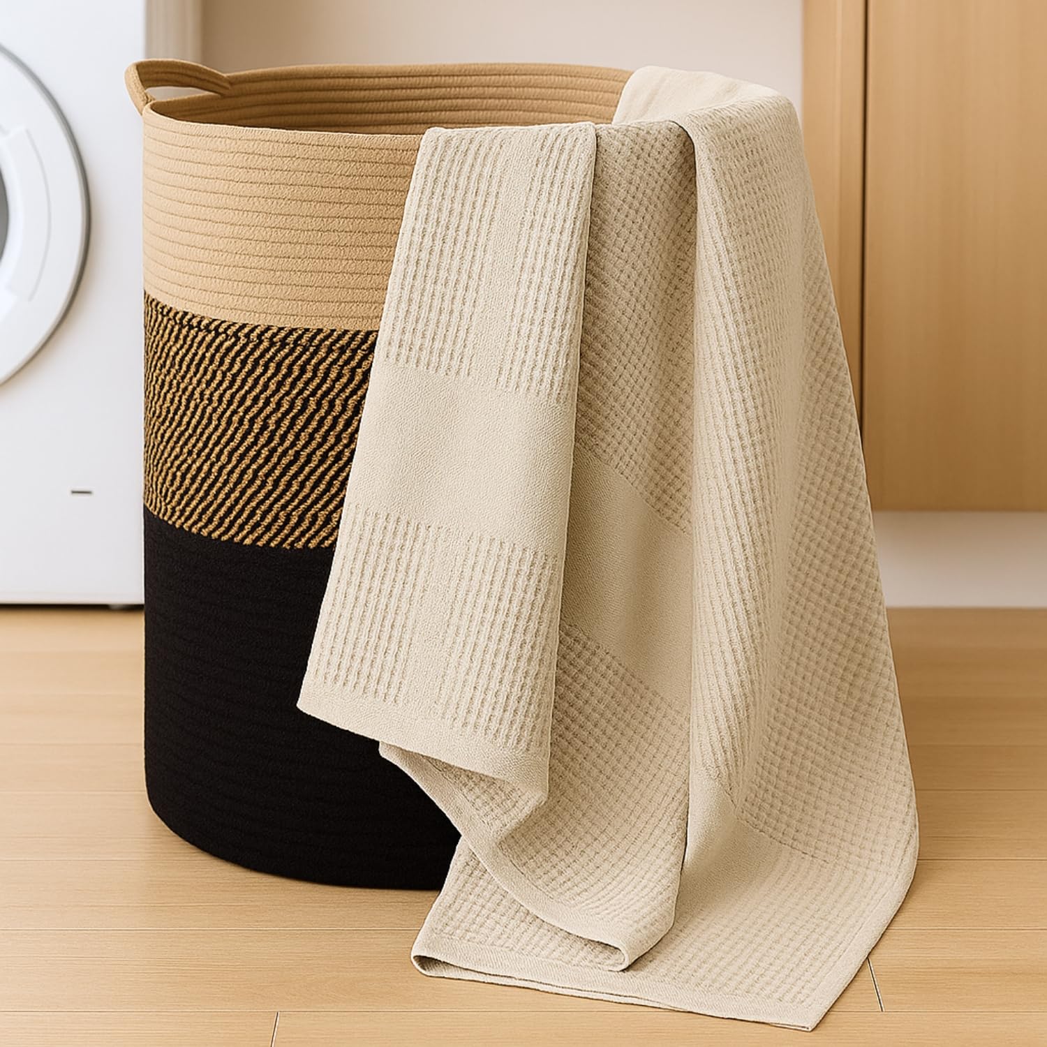 Haus & Kinder Maple Waffle Bath Towel 220 Gsm | Honeycomb Large Size Bathing Towels 100% Cotton Towel For Men & Women (Solid Beige)