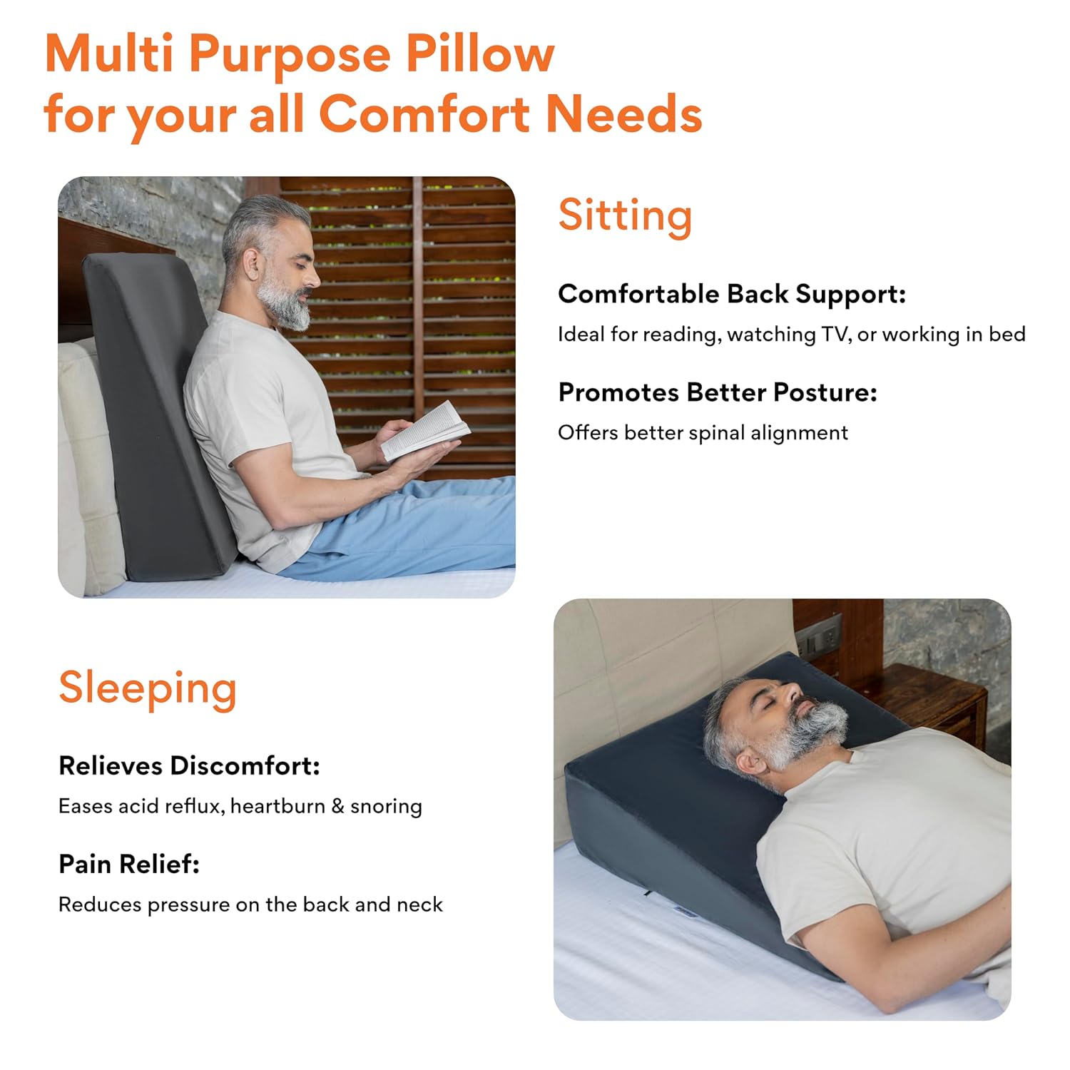 Wedge Pillow Memory Foam For Back Support, Velvet Dark Grey, Large Size - 7 Inch | Wedge Cushion, Acid Reflux, Snoring, Gerd, Leg Elevation, Pregnancy | Multipurpose Bed Wedge Pillow