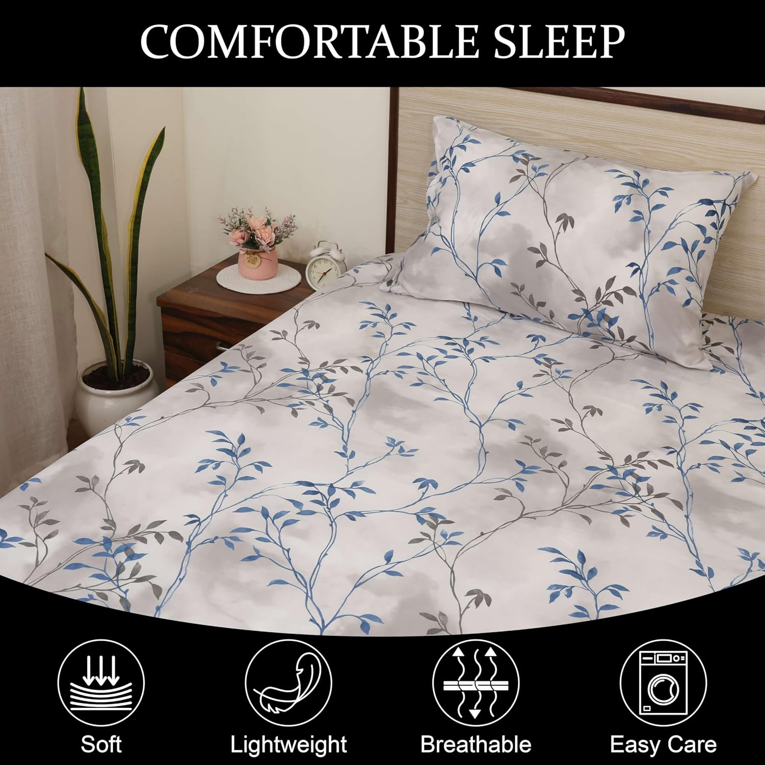 Printed Bedsheet For Single Bed With 2 Pillow Covers - Size 68 X 90 Inch, White | Microfiber For Summer Soft Touch & Skin Friendly