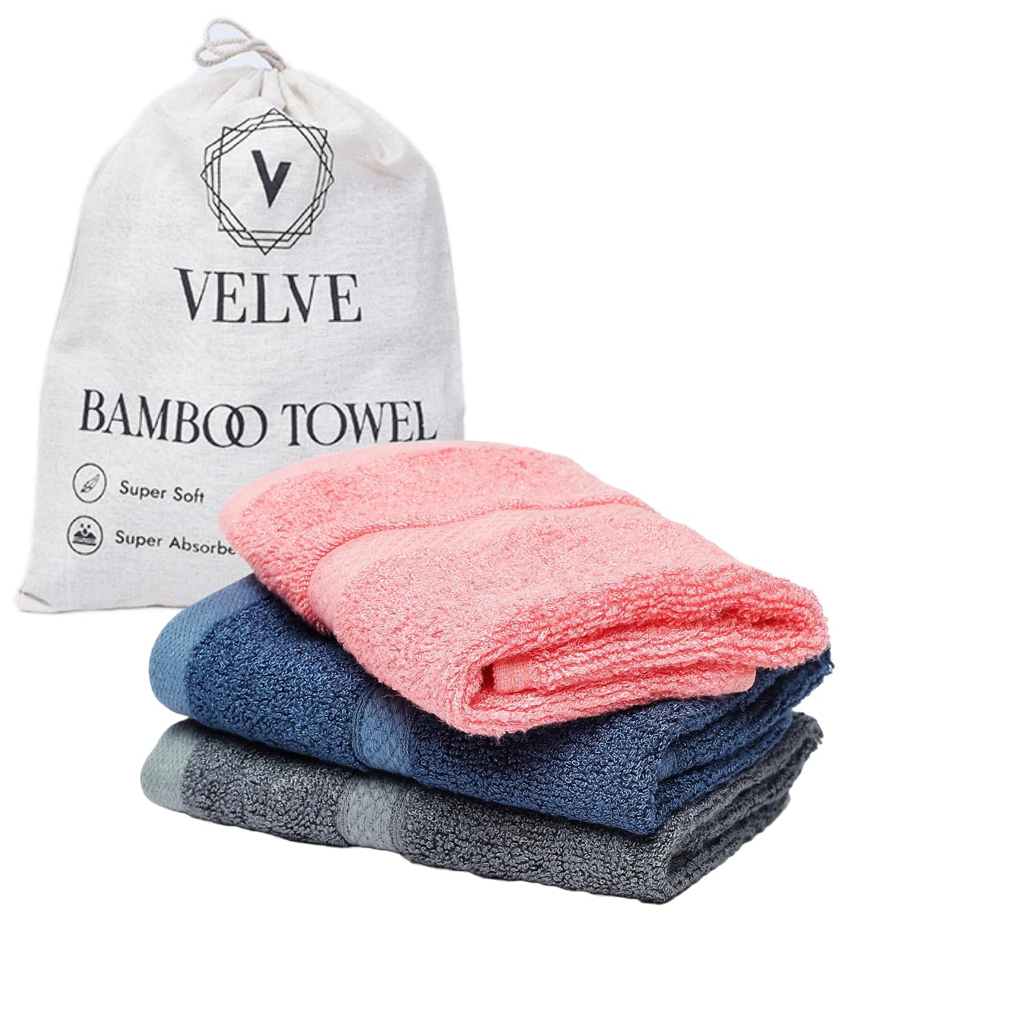 Velve 100% Bamboo Face Towel 600 Gsm | Ultra Soft, Absorbent & Quick Dry Towel For Facewash, Gym, Travel Towel - Royal Blue, Grey & Pink
