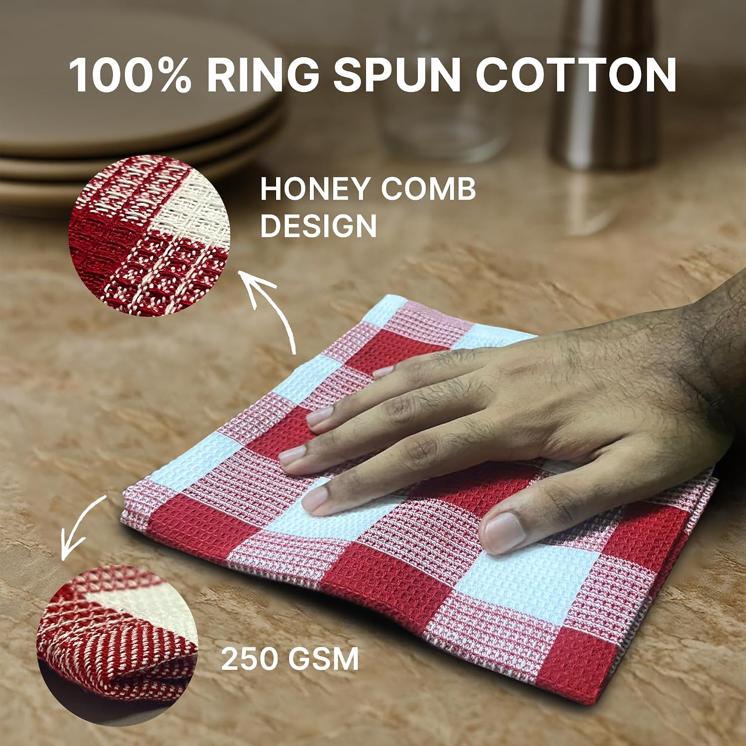 Am Safe Xam Safe X 100% Cotton Kitchen Towels 200 Gsm | Dish Cloths, Table & Fridge Cleaning, Roti Napkins -Pack Of 3 (Maroon & White)