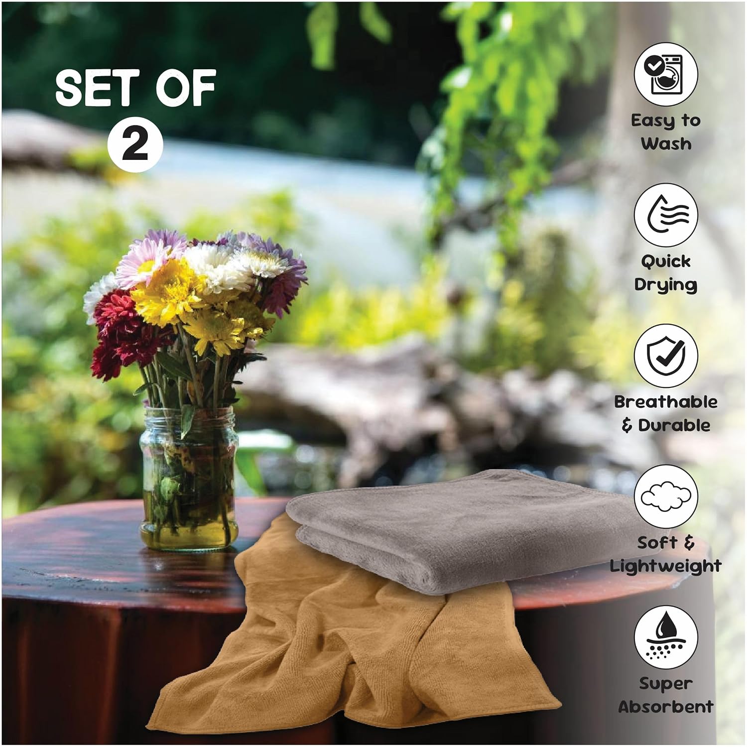 Housse Microfiber Hand Towel 400 Gsm | Premium Quality Towels Ultra Absorbent & Anti-Bacterial For Gym (Atmosphere & Prairie Sand) - Pack Of 2
