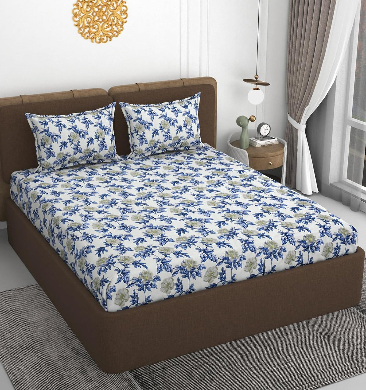 All Around Elastic Fitted Bedsheets King Size With 2 Pillow Covers | Double Size 72 X 78 X 10 Inches, White & Blue - Ideal For Hotel, House, Bedroom, Guest House