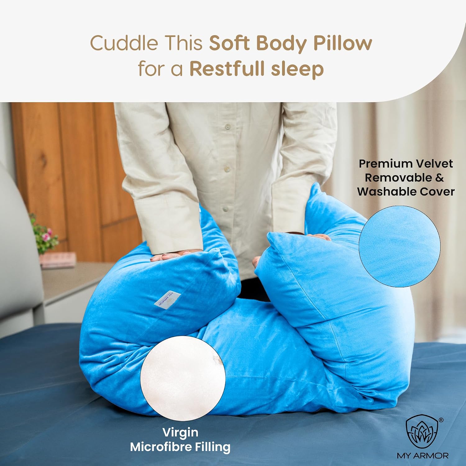 Microfiber Body Side Pillow For Sleeping For Pregnancy, Sky Blue - 53 X16 Inch | Long Cuddle Pillow For Hugging, Relaxing, Washable, Premium Velvet Outer Cover With Zip, Multipurpose Pillow
