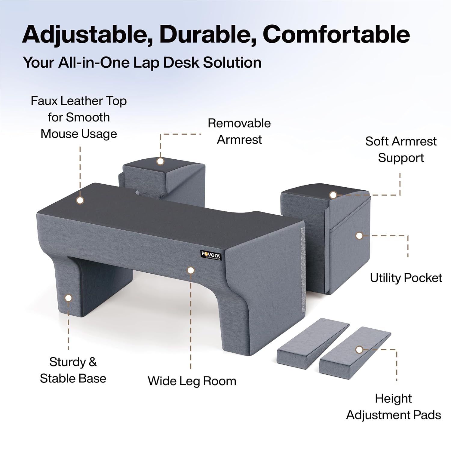 Lap Desk Pillow, Height Adjustable, Soft & Comfortable Armrest, Easy To Store, Grey | For Working On Laptop, Reading & Gaming | Work From Home Pillow | Perfect For Using On Bed, Sofa & Floor