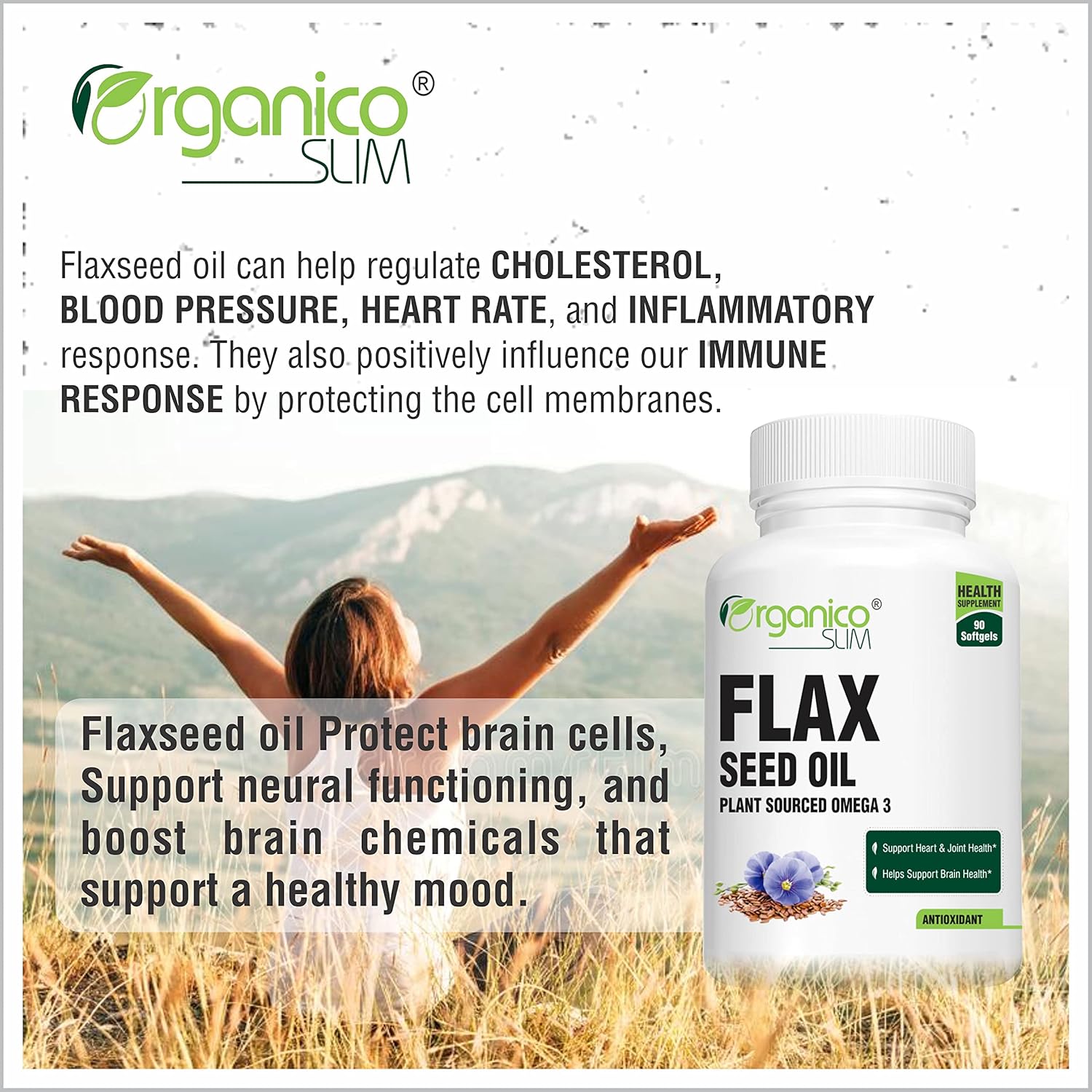 Organico Slim Flax Seed With Essential Fatty Acid Omega 3 6 9 For General Health, Helps Support Bone & Joint Health | 60 Capsules 100gm 0.2lbs