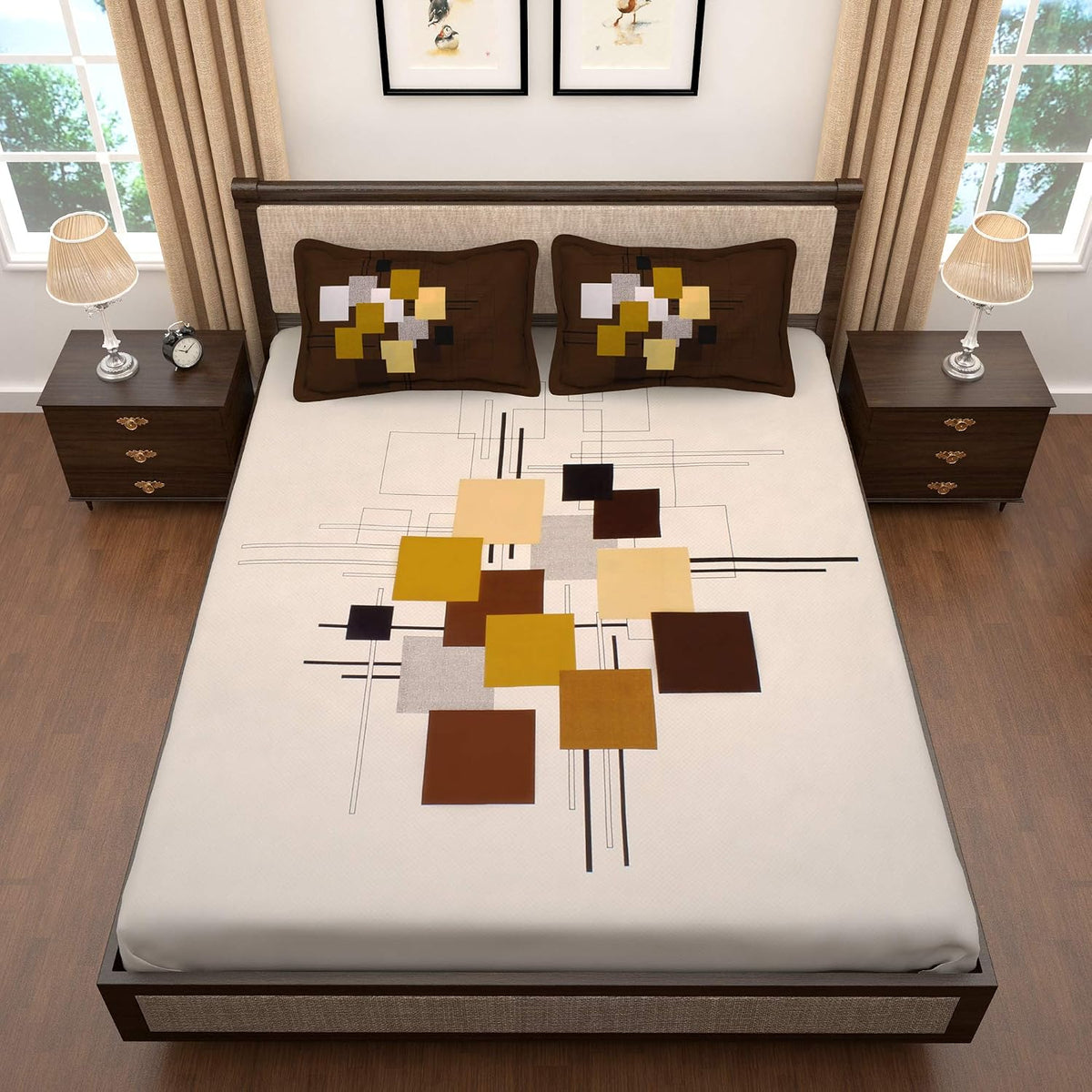 Bedsheet For King Size Bed With 2 Pillow Covers - 106 X 106 Inches, White & Brown | Soft & Durable For Everyday Use - All Season Comfort