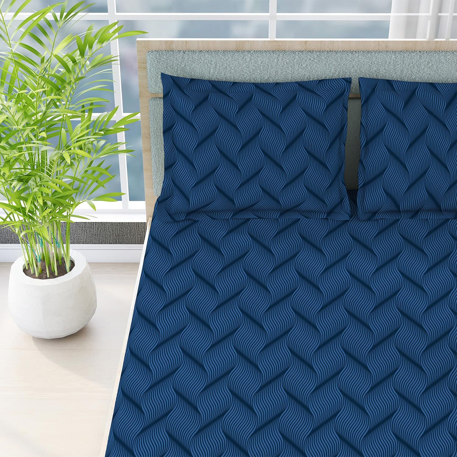 Cotton Blend Bedsheet King Size Set With 2 Pillow Covers - Size 107 X 101 Inches, Navy Blue | Light Weight & Breathable, Bedsheets Safe & Comfortable For Every Season