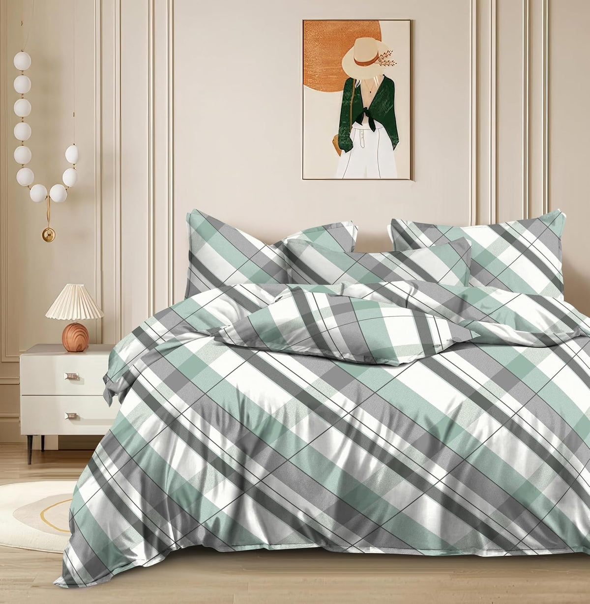 Glace Cotton Elastic Fitted Printed Double Bed King Size Bedsheet With 2 Pillow Cover | 72 X 72 Inches, Grey & Green - Wrinkle Resistant, Breathable Bedsheet
