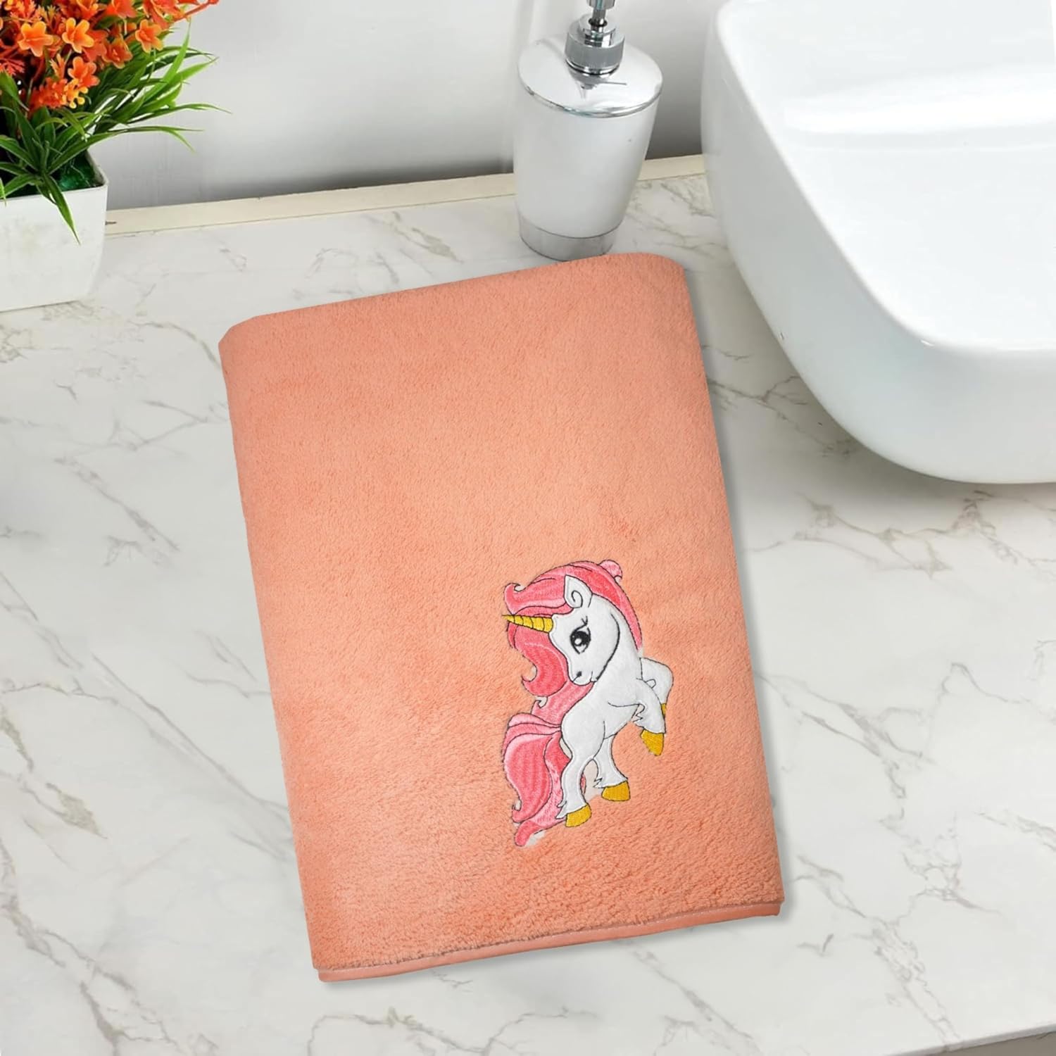 Maxoshine Microfiber Kids Bath Towels 400 Gsm | Quick Dry Super Absorbent Super Soft Bath Towel For Babies Toddler-Baby Towel - Orange (Unicorn Design)