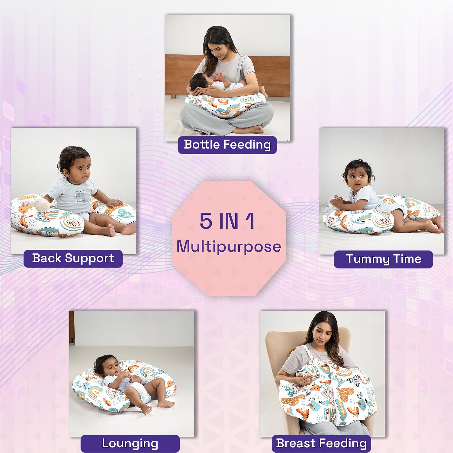 Nursing Pillow With Cape For Breastfeeding & Baby Care, Feeding Pillow, Mix Color | Feeding Pillow With 100% Cotton Removable Cover | Super Soft & Machine Washable, Comfortable Pillow