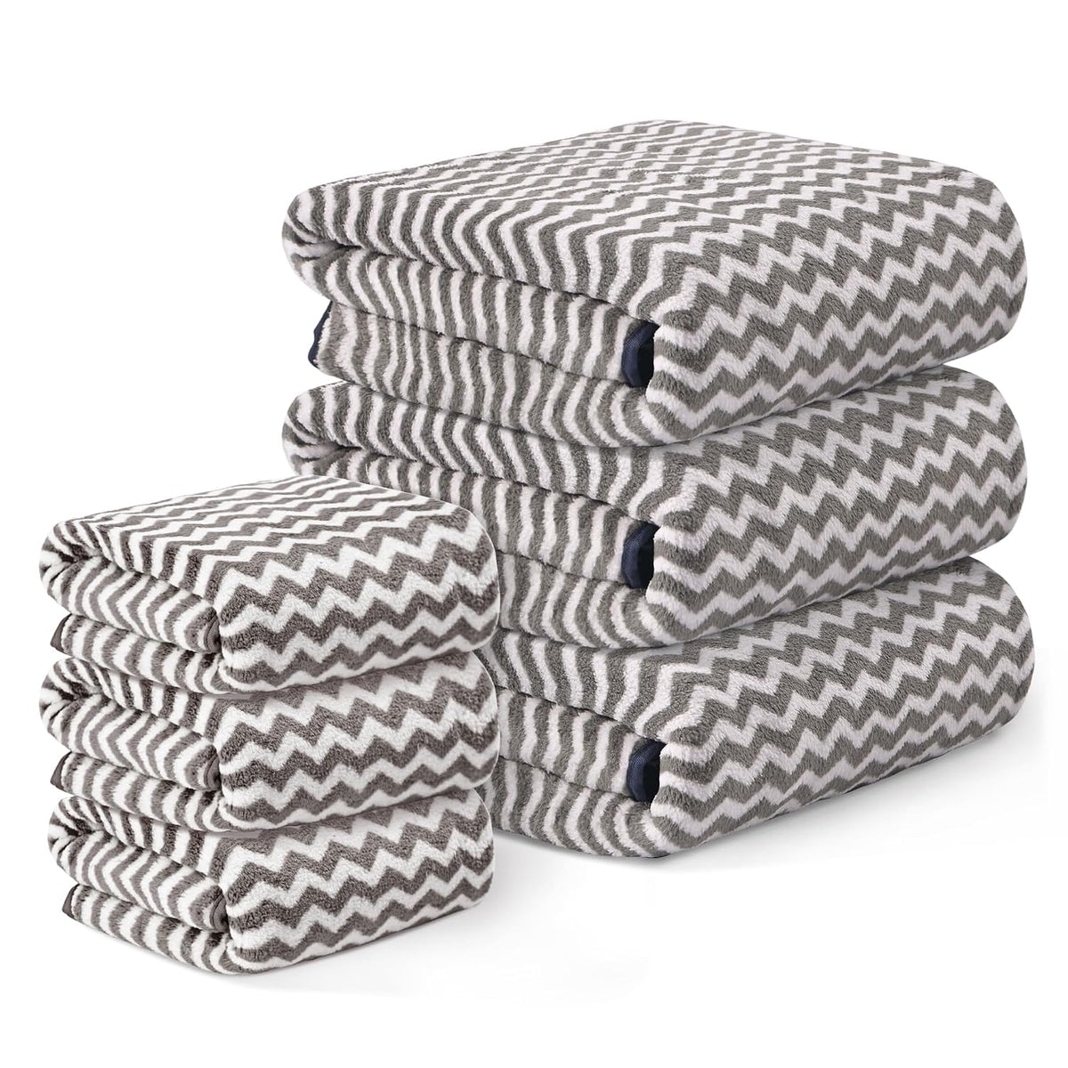 Heart Home Microfiber Bath & Face Towels 1800 Gsm | Quick Absorbent Hand Towels For Wash Basin Bathroom & Kitchen Zig Zag (Grey) - Pack Of 6