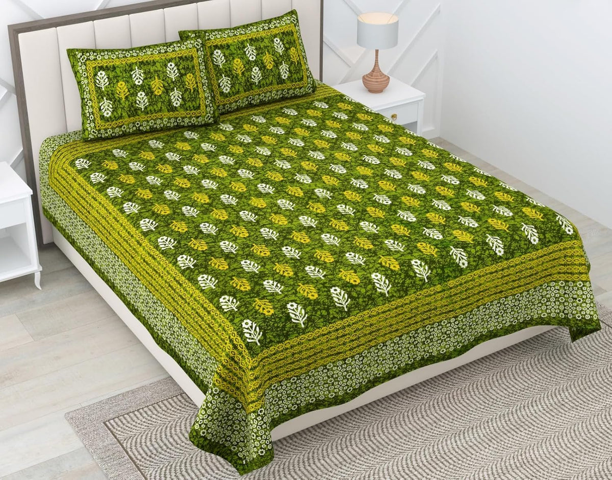 Pure 100% Cotton Double Bed Sheet With 2 Pillow Covers - 90 X 100 Inches, Green | Beautifully Handcrafted Traditional Bedsheets - Skin Friendly Fabric