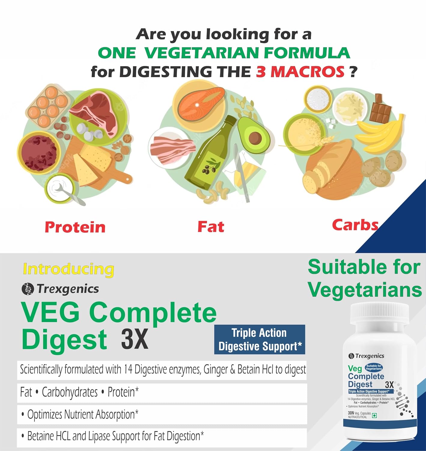 Trexgenics Veg Complete Digest 3x, 100% Vegetarian Triple Action Digestive Support For Fat, Carbohydrates & Protein With 14 Enzymes, Ginger & Betaine Hcl | 30 Veg Capsules, 50gm 0.1lbs