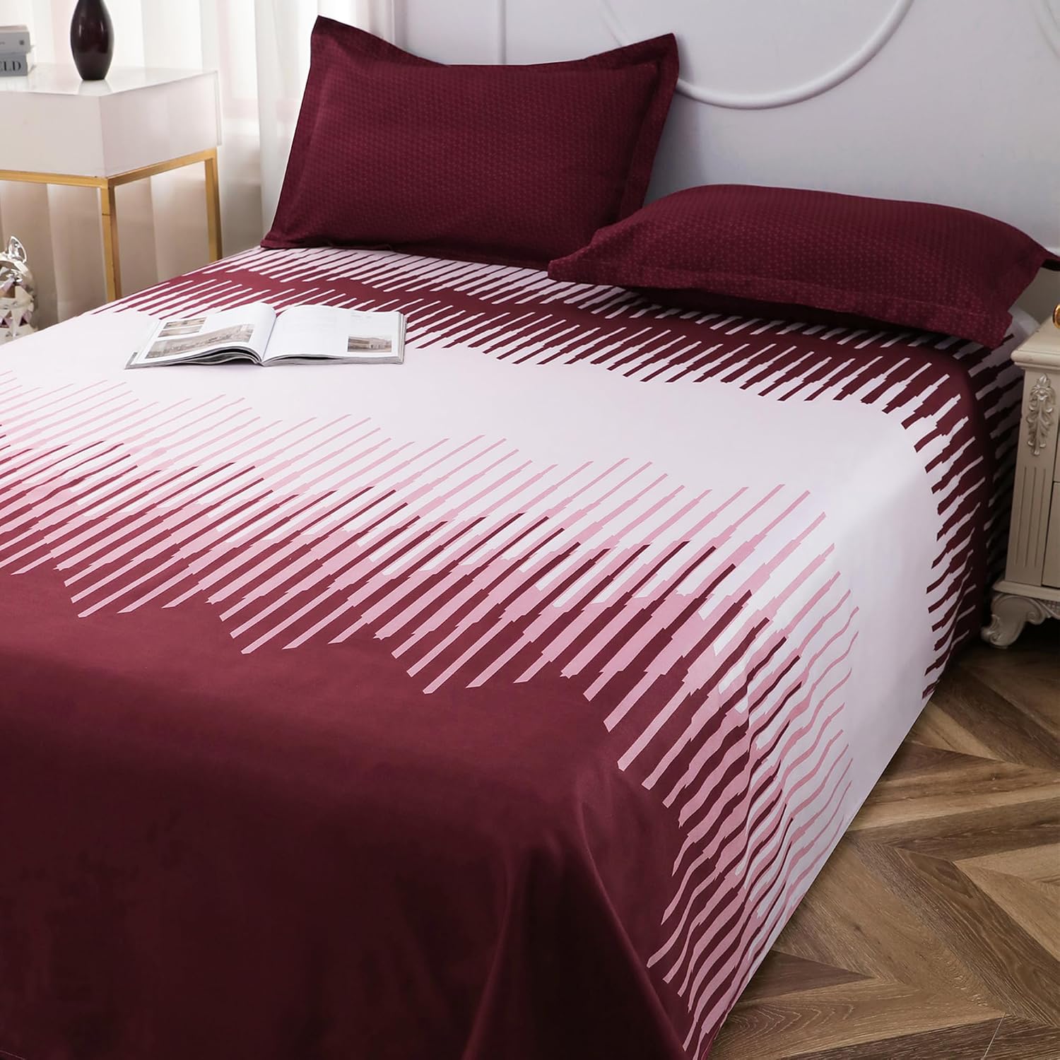 Bedsheets For Double Bed With 2 Pillow Cover - 92 X 98 Inches, Maroon & White | Satin Finish Microfiber Queen Size Bedsheet | Skin Friendly & Breathable Fabric
