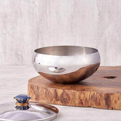Silver Stainless Steel Bowl With Lid - Medium, Royal Lapiz Series | Storing & Serving Bowl - Lapis Lazuli Stone Lid | Serve Ware, Dinnerware & Tableware