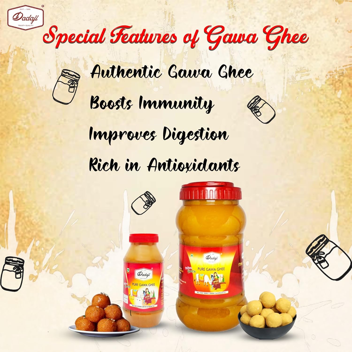 Organic Pure Gawa Ghee By Dadaji | High In Vitamins A, D & Healthy Desi Cow Ghee Good For Boost Immunity | (1 Litre) 33.8 Ounce | Jar Pack