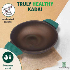 Super Smooth Black Cast Iron Kadai For Deep Frying With Silicon Grip - Medium, 25.4cm, 10 Inch, 2.5 Liters, 2.4 Kg | Naturally Nonstick, 100% Pure & Toxin-Free, No Chemical Coating