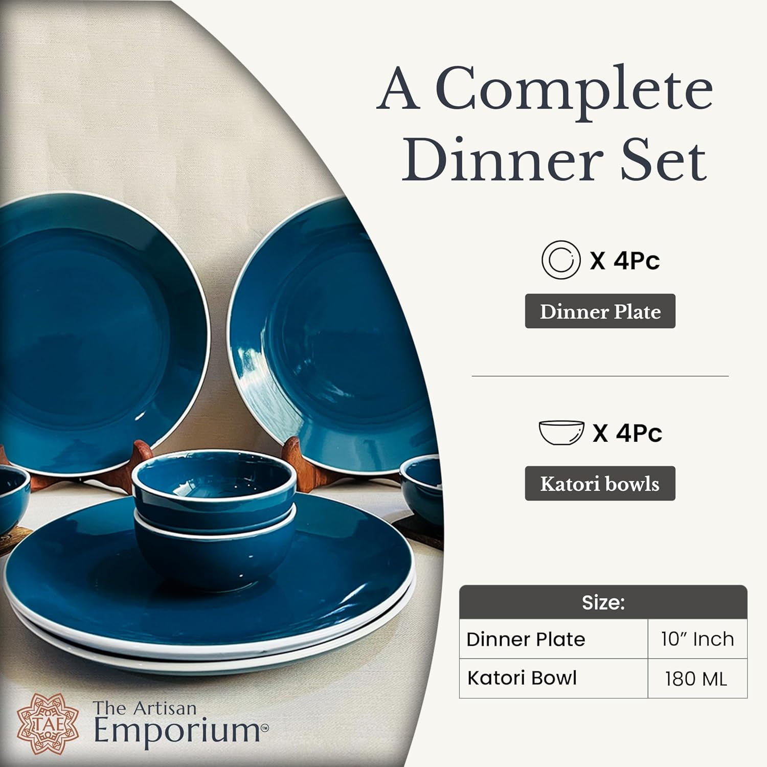 Retro Green Handcrafted Ceramic Dinner Set - 8 Pieces | 4 Dinner Plates + 4 Katori Bowls, 180ml Each Dinnerware Set | Serving For 4, Microwave Safe & Dishwasher Safe