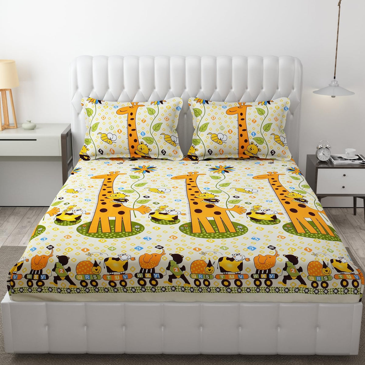 Wrinkle Free Soft Kids Double Bedsheets For King Size With 2 Pillow Cover | 90 X 95 Inches, Yellow | Cartoon Printed Design | Child Bedroom Decor